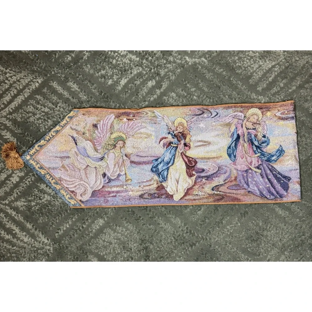 Lena Liu Angels Woven Tapestry Table Runner Tassels Glitter Whimsigoth Vintage